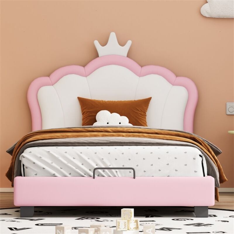 Lit simple 90x200 cm, avec moulure couronnée, avec sommier à lattes et dossier, lit rembourré pour enfant de style princesse mignon, adapté aux