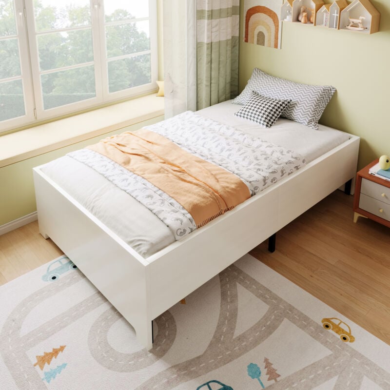 Okwish - Lit adulte 90×200 cm lit simple d'enfant, cadre de lit en bois massif, avec sommier à lattes, en fer et mdf blanc