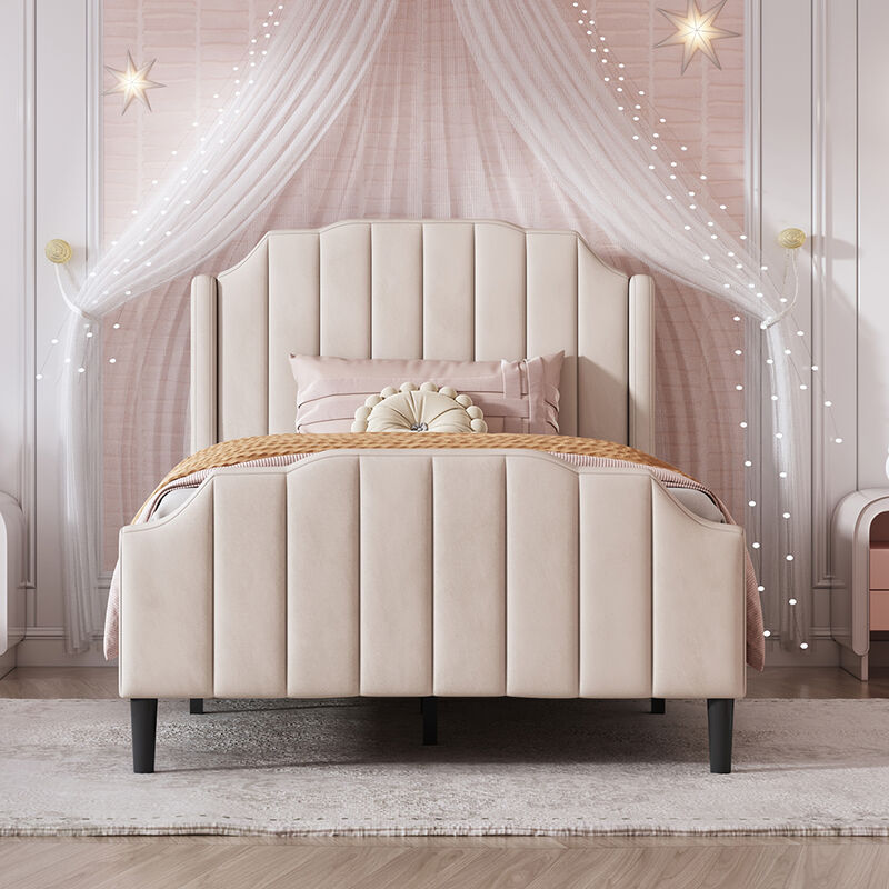 Lit cabane Lit capitonné Lit 90 x 200 cm cadre de lit pour enfant avec tête de lit lit rembourré lit d'appoint velours beige