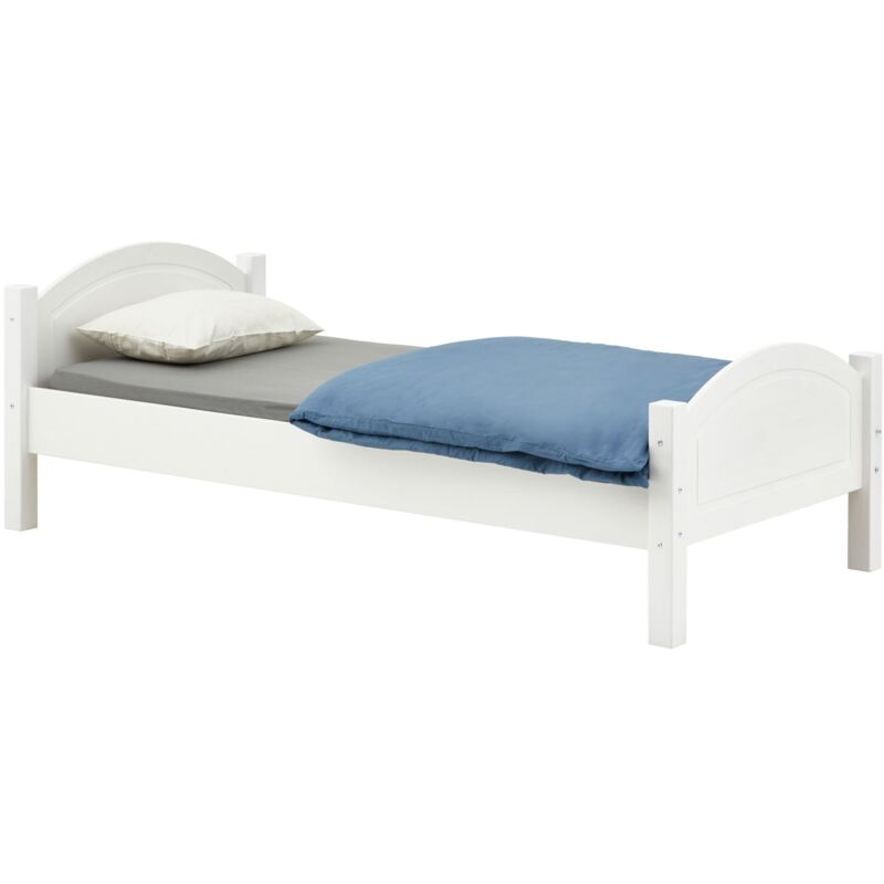 Lit simple FLIMS 90 x 200 cm lit pour enfant en pin massif lasuré blanc, avec tête et pied de lit arrondi - Blanc