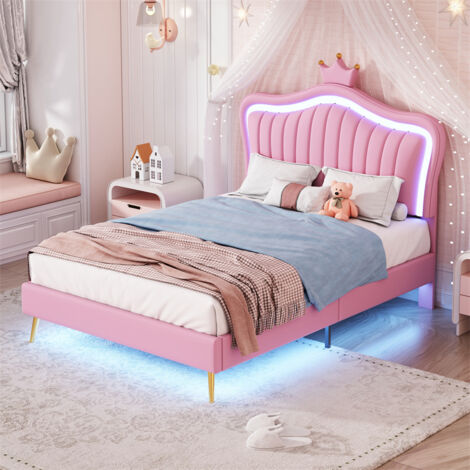 Lit simple 90 x 200 cm - Lit en cuir PU avec lampes LED et sommier à lattes et tête de lit en couronne (coiffure) pour adolescent - Rose