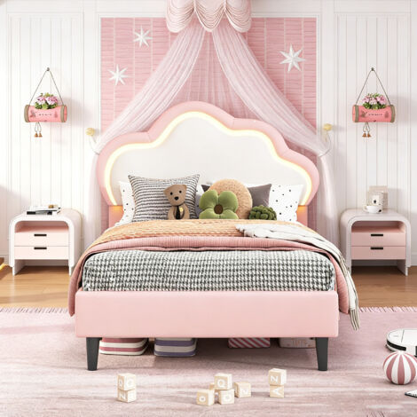 Lit simple 90 x 200 cm, Lit enfant rembourré en PU avec éclairage LED, sommier à lattes et tête de lit réglable, 1 personne, cuir, rose