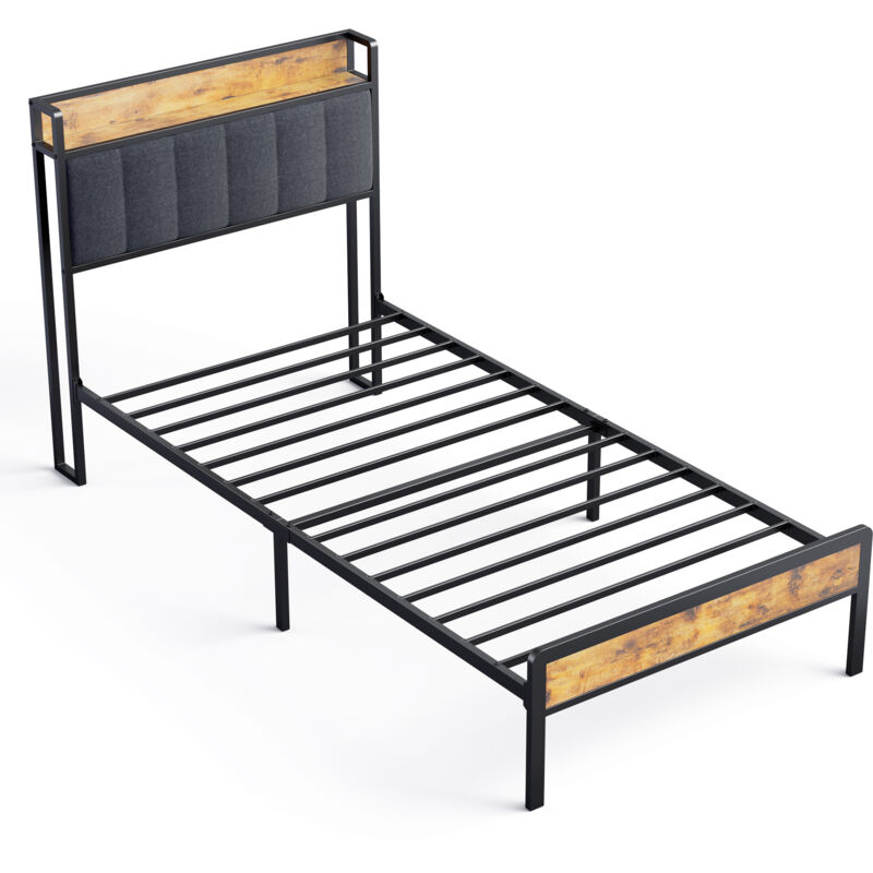 Lit Simple 90 x 200 en Métal avec Tête de lit Capitonnée en Tissu pour Rangement Bealife Sommier à Lattes Lit Enfant Adolescent Noir et Gris Foncé