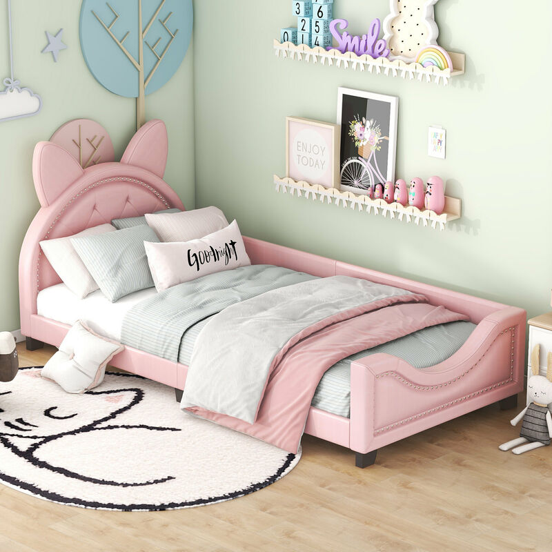 lit simple 90 x 200, lit enfant, forme d'oreilles en carton, avec sommier et dossier à lattes en bois, rose okwish rose