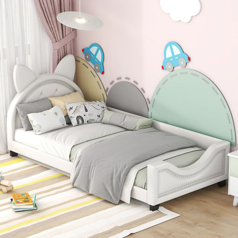 lit simple 90 x 200, lit enfant, forme d'oreilles en carton, avec sommier et dossier à lattes en bois, blanc okwish blanc