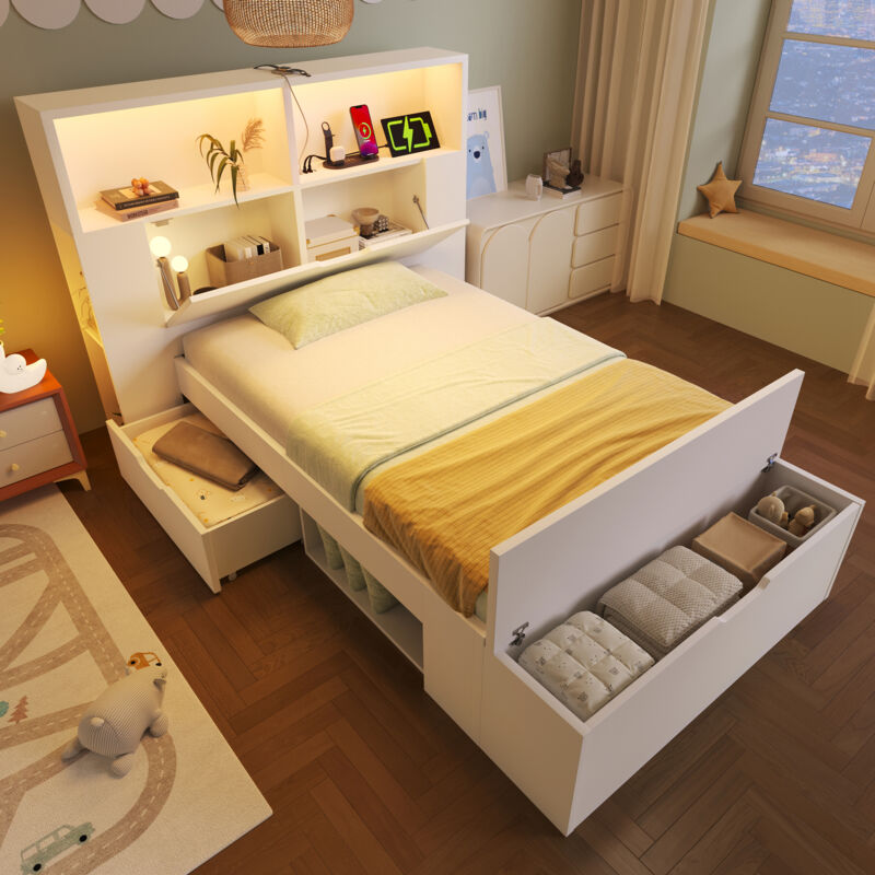 Lit Simple 90×200 cm avec LED Réglable, USB et Type C, 2 Tiroirs, Étagères et Banc Coffre, sans Matelas, Blanc