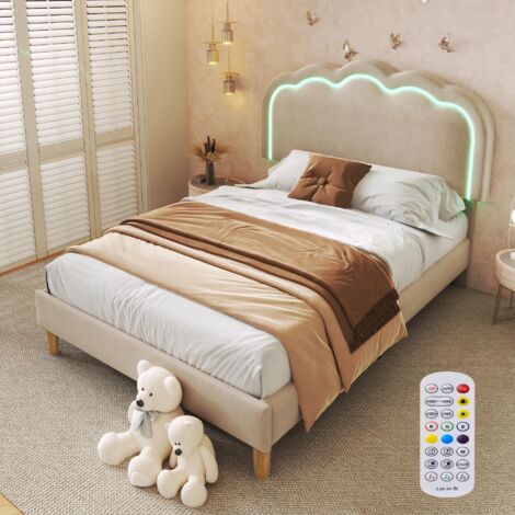 Lit simple 90x190 cm, avec éclairage LED, tête de lit réglable, sommier à lattes, lit enfant capitonné, tissu Lin