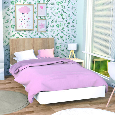 Lit simple 90x190 cm avec sommier – Décor blanc et chêne blanchi – Structure en panneaux de particules – Dimensions 192x94x75 cm – Weber Industries