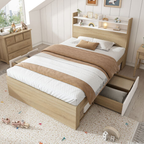 Lit simple 90x190 cm blanc et chêne avec tête de lit rangement, 2 tiroirs et niches ouvertes, sans matelas