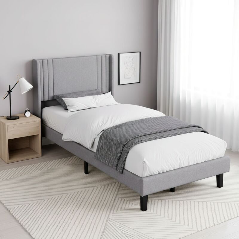 Lit simple 90x190 cm en lin, 1 place, avec tête de lit, sommier à lattes en bois, style minimaliste moderne - Gris