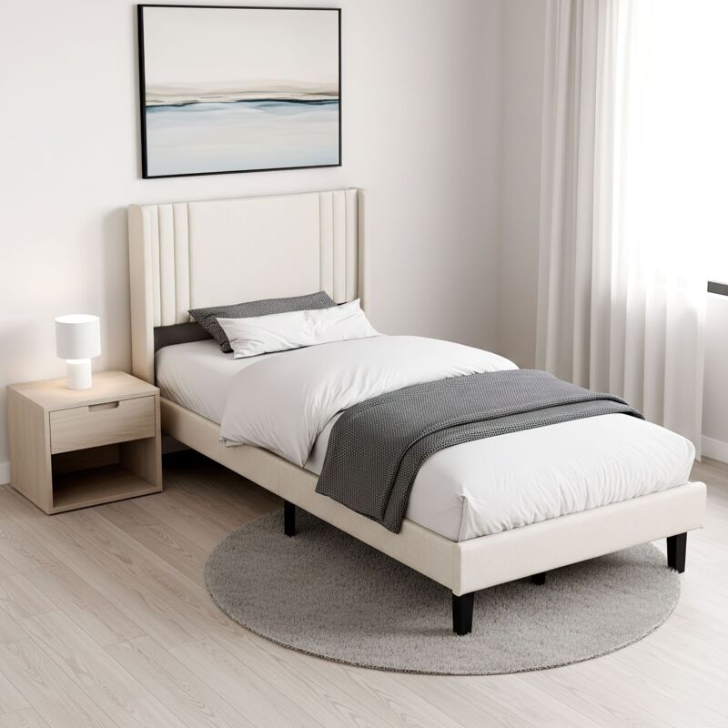Lit simple 90x190 cm en lin, 1 place, avec tête de lit, sommier à lattes en bois, style minimaliste moderne - Beige