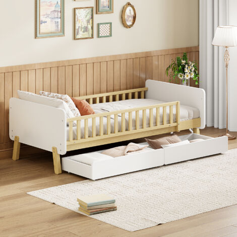 Lit simple 90x190 cm lit enfant avec 2 tiroirs et sommier à lattes, en bois massif, beige, sans matelas