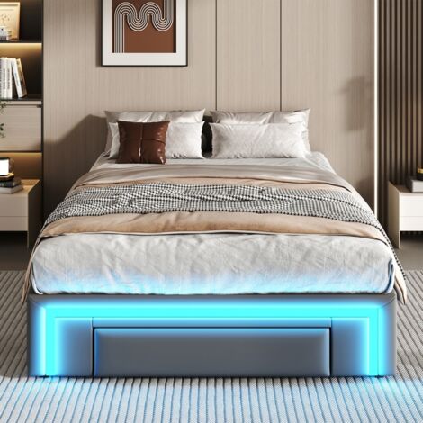 Lit simple, 90x200, avec tiroirs, sans tête de lit, PU, bande LED, lattes métalliques, gris