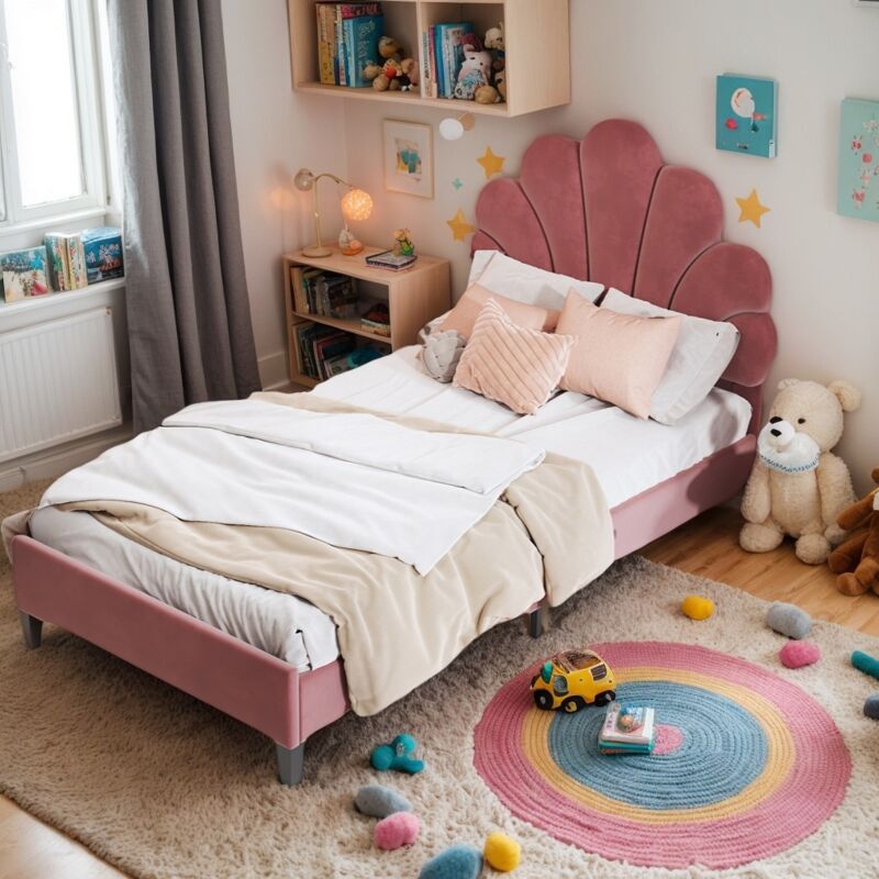 Lit simple,Lit enfant rembourré 90x200cm,cadre de lit avec tête de lit en forme de fleur et sommier à lattes,tissu velours,Bordeaux