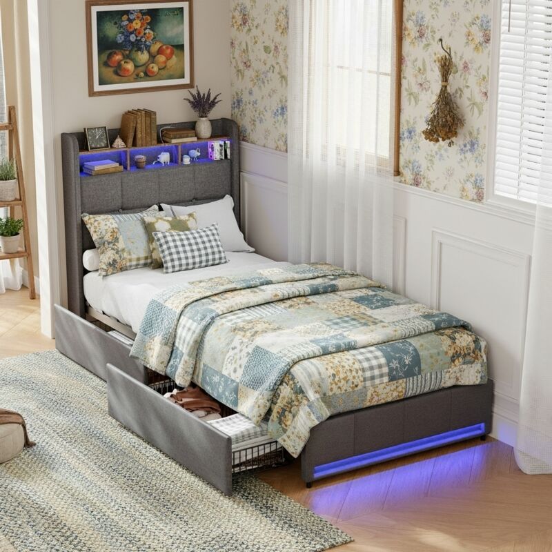 Lit simple 90x200 cm, 1 places, avec 2 tiroirs de rangement, éclairage LED, étagère de tête de lit, USB-A/C, sommier à lattes en bois, cadre en