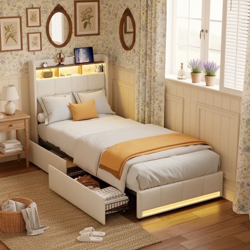 Lit simple 90x200 cm, 1 places, avec 2 tiroirs de rangement, éclairage LED, étagère de tête de lit, USB-A/C, sommier à lattes en bois, cadre en