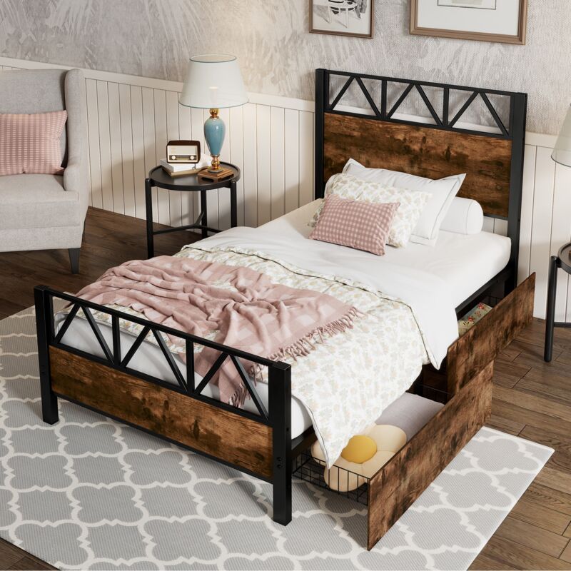 Lit simple 90x200 cm, avec 2 tiroirs de rangement, roulettes, sommier à lattes en Métal, têtes de lit en bois, vintage, lit enfant princesse - Marron