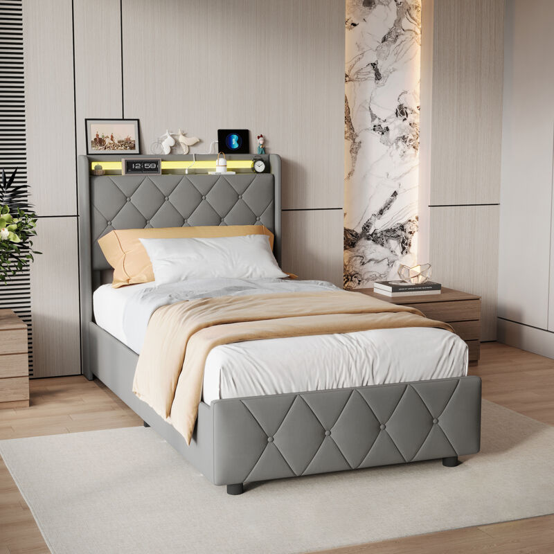 Lit simple 90x200 cm avec 2 tiroirs, lit 90x200 avec sommier LED et ports USB, tête de lit capitonné avec rangement, tissu en velours, gris