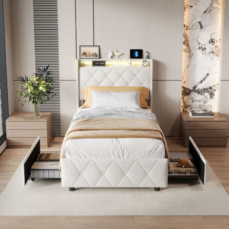 Lit simple 90x200 cm avec 2 tiroirs, lit 90x200 avec sommier LED et ports USB, tête de lit capitonné avec rangement, tissu en velours, beige