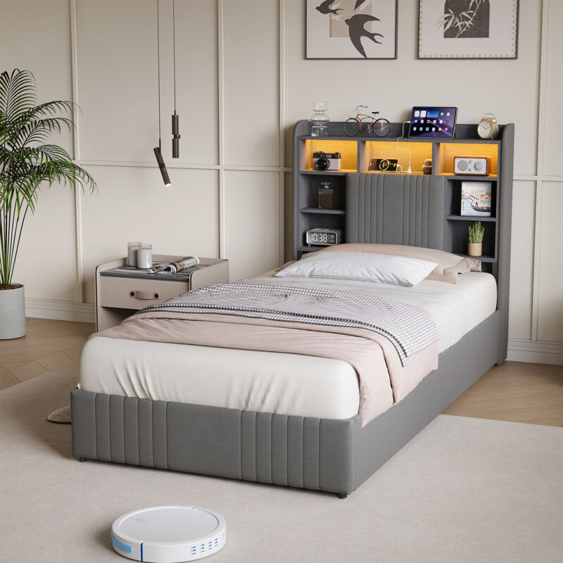 Lit simple 90x200 cm avec 2 tiroirs, tête de lit capitonné avec éclairage LED et port USB, lit adulte avec rangement, sommier à lattes, lin, gris