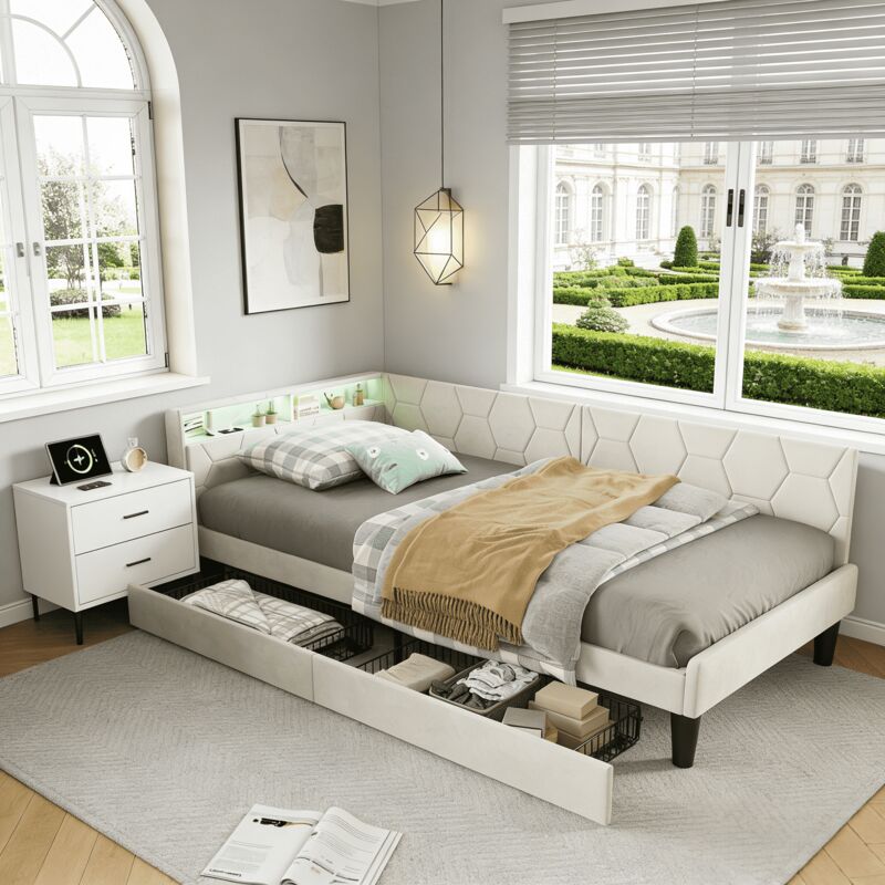 Lit simple 90x200 cm avec 2 tiroirs, tête de lit capitonné avec éclairage LED et ports USB, canapé lit convertible, sommier à lattes en bois,