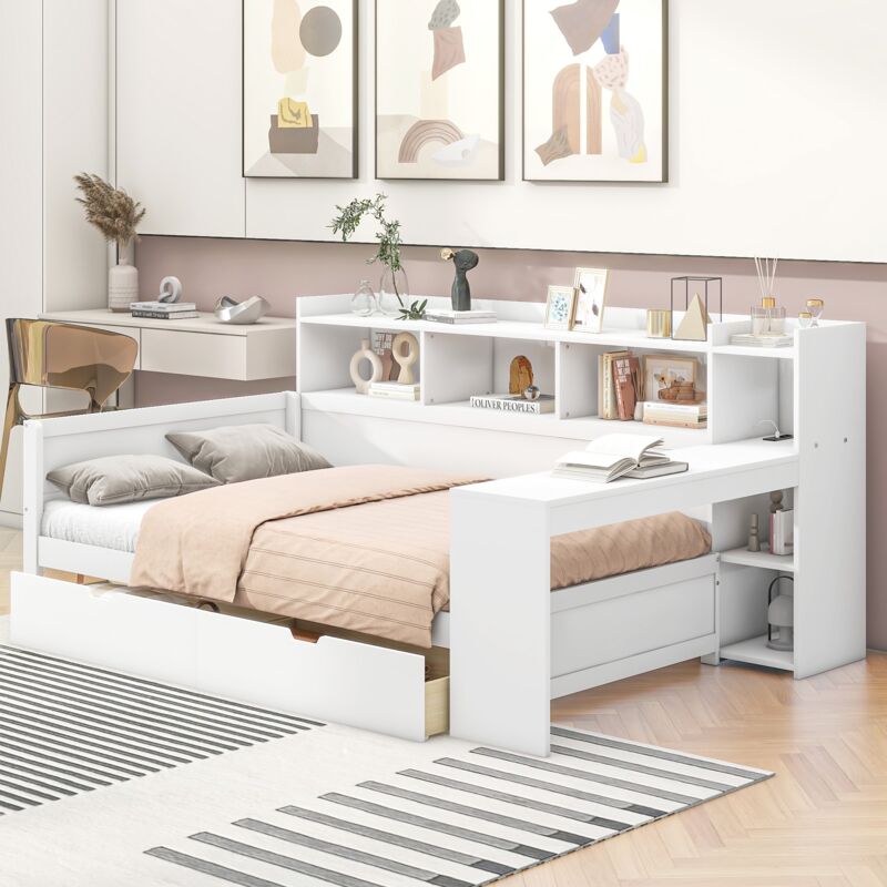 Lit simple 90x200 cm, avec bureau, 2 tiroirs, étagères de rangement, usb, électriques, sommier à lattes, lit enfant princesse en bois massif - Blanc