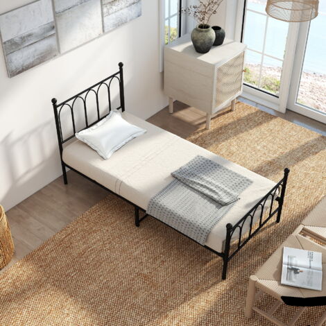 Lit simple 90x200 cm avec cadre à lattes, en métal noir, sans matelas