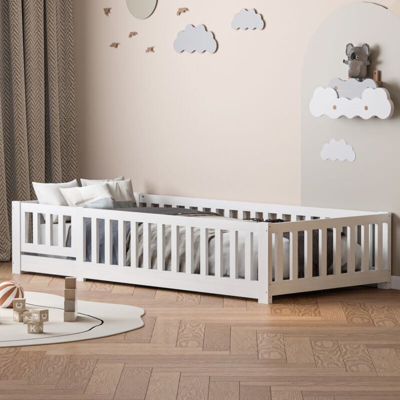Lit simple 90x200 cm, avec clôture de sécurité, sommier à lattes en bois, lit enfant - Blanc