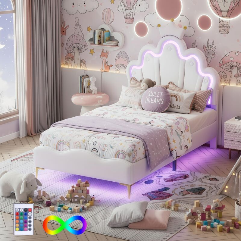 Lit simple 90x200 cm - Lit princesse couronne, avec éclairage led, similicuir, style scandinave, sommier à lattes, lit enfant - Blanc