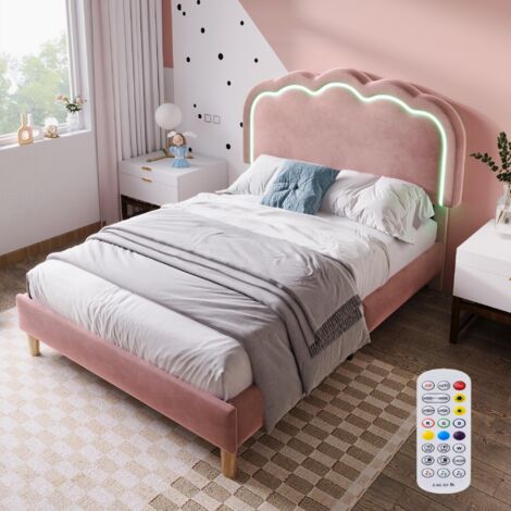 Lit simple 90x200 cm, avec éclairage LED, tête de lit réglable, sommier à lattes, lit enfant capitonné, tissu velours