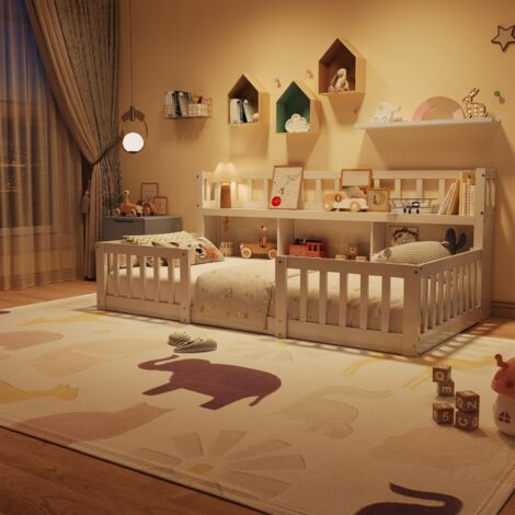 Lit simple 90x200 cm avec étagères et barrières, Lit enfant 1 Places, Cadre de lit d'Ado, sans matelas, blanc,Design contemporain pour chambre enfant