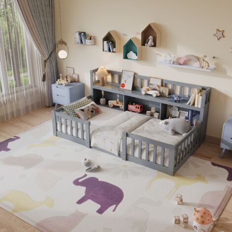 Lit simple 90x200 cm avec étagères et barrières, Lit enfant 1 Places, Cadre de lit d'Ado, sans matelas, gris,Design contemporain pour chambre enfant