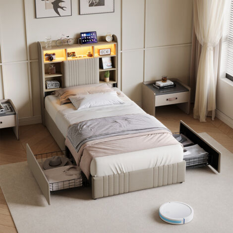 Lit Simple 90x200 cm avec LED RGB et Port USB, Lit Capitonné avec 2 Tiroirs Coulissants, Tête de Lit avec Rangement, Sommier à Lattes, Lin, Beige