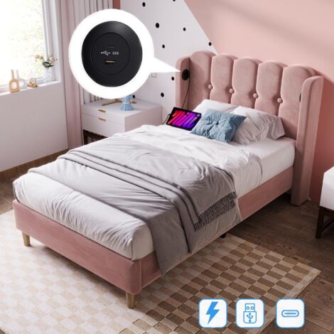 Lit simple 90x200 cm, avec ports de charge USB, sommier à lattes, lit enfant capitonné, tissu velours