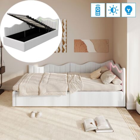 Lit Simple 90x200 cm avec Rangement et Bande LED, Canapé-Lit, Style Scandinave Lit Coffre en Tissu Teddy, Blanc
