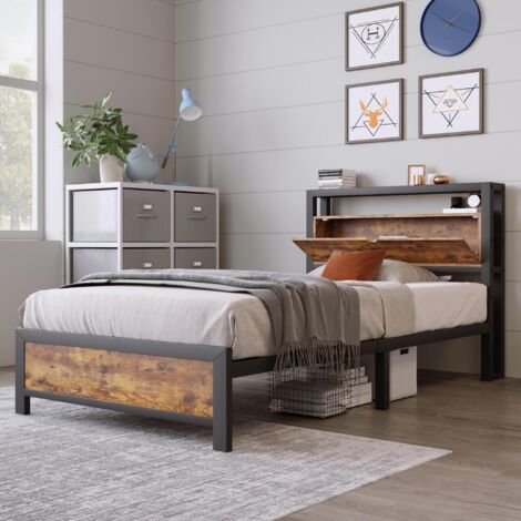 Lit simple 90x200 cm, avec sommier à lattes en bois et métal, tête de lit avec rangement, lit enfant design industriel vintagem - Marron