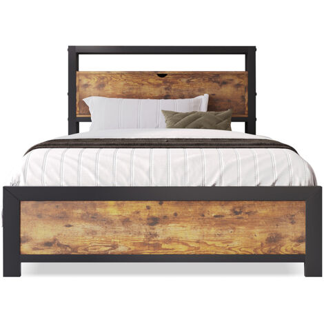 Lit simple 90x200 cm avec tête de lit à rangement et sommier métallique, Lit d'enfant Cadre de lit métallique Pour adultes, enfants, adolescents,Noir Lit industriel