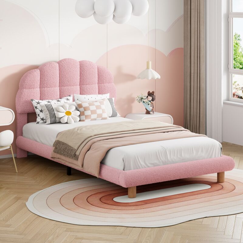 Lit simple capitonné 90x200cm, tissu Sherpa, sommier à lattes en bois massif, pieds en bois massif, scandinave - Rose