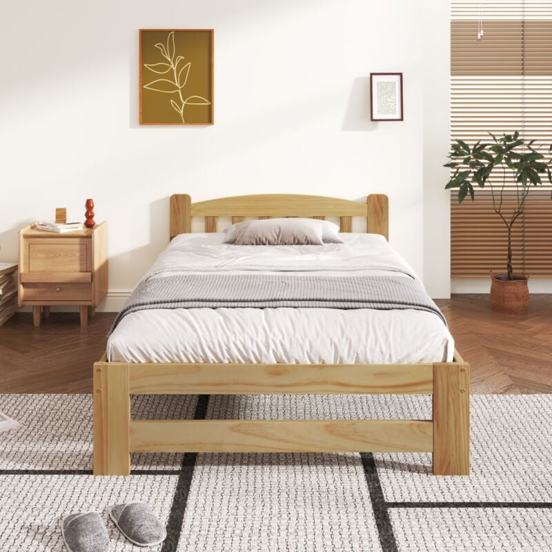 Lit simple 90x200 cm, avec tête de lit et sommier à lattes, design en pin naturel, style classique, adapté aux adolescents et aux adultes