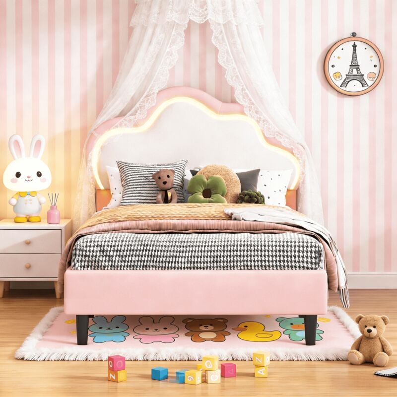 Lit simple 90x200 cm avec tête de lit nuage LED, Lit enfant rembourré avec sommier à lattes, Lit fille Lit princess, PU, Rose