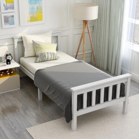 Lit simple 90x200 cm, avec tête de lit, sommier à lattes en bois, lit enfant style moderne - blanc