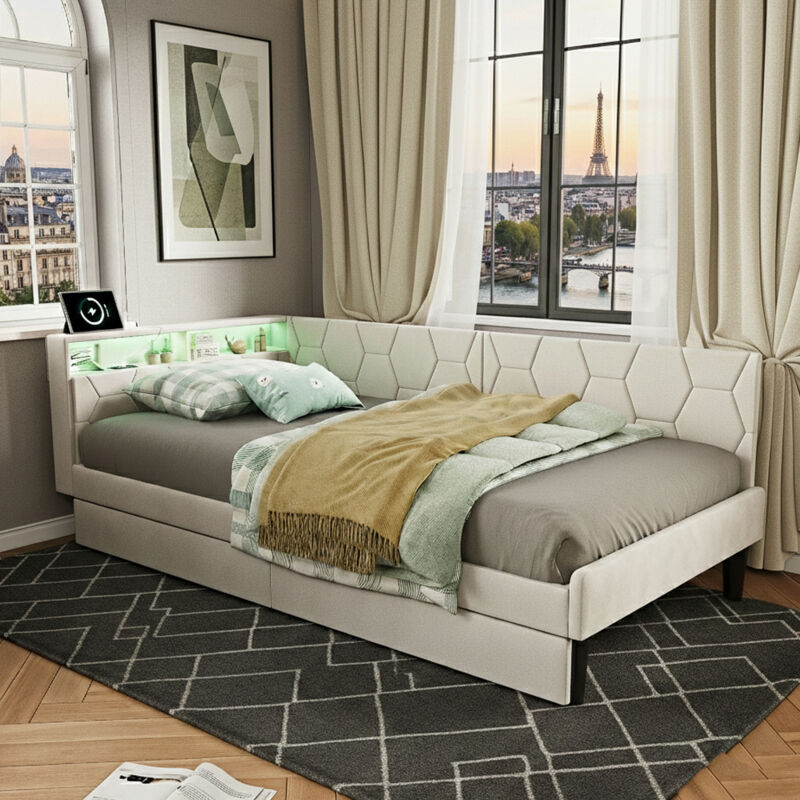 Lit simple 90x200 cm, canapé lit avec éclairage LED et prise USB, lit 1 personne avec 2 tiroirs, tete de lit avec rangement, lits banquette 1 place