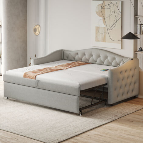 Lit simple 90x200 cm, canapé- lit avec lit gigogne, prise USB et sommier à lattes, tissu en lin gris, sans matelas