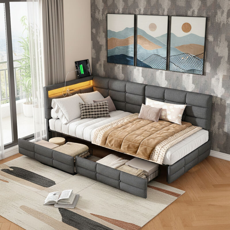 Lit simple 90x200 cm, canapé lit avec tiroir de rangement, canape lit rembourré avec éclairage LED et ports USB, lit adulte avec sommier à lattes,