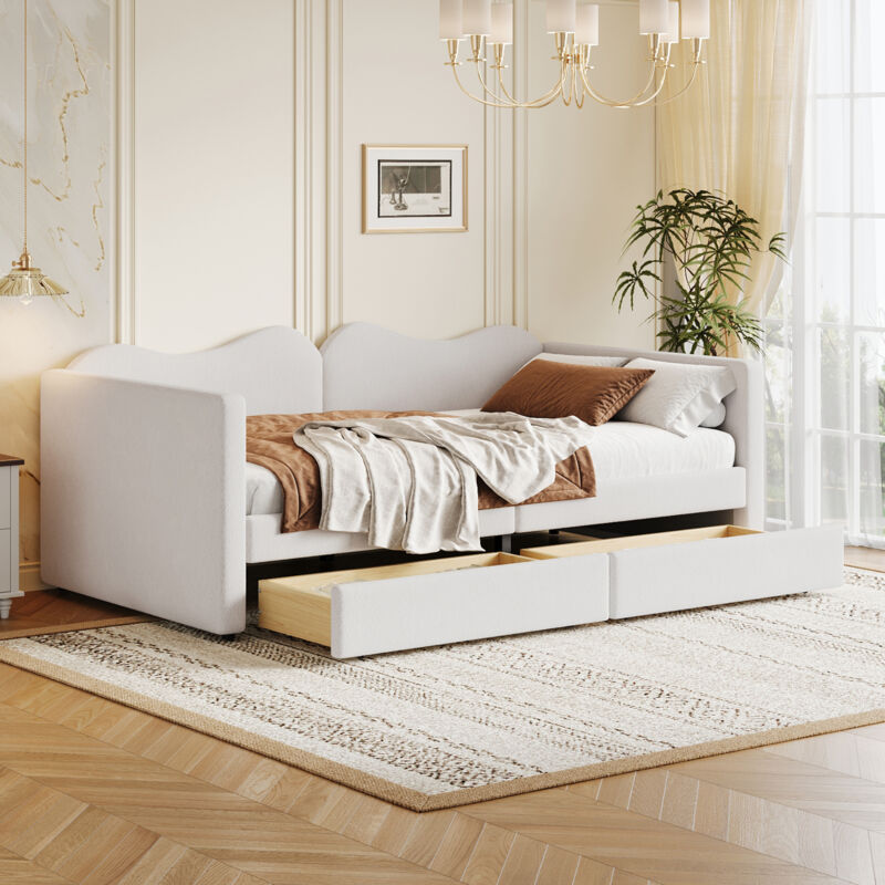 Wishdor - Lit simple 90x200 cm, canapé-lit capitonné avec 2 tiroirs, cadre de lit en tissu ours en peluche, blanc