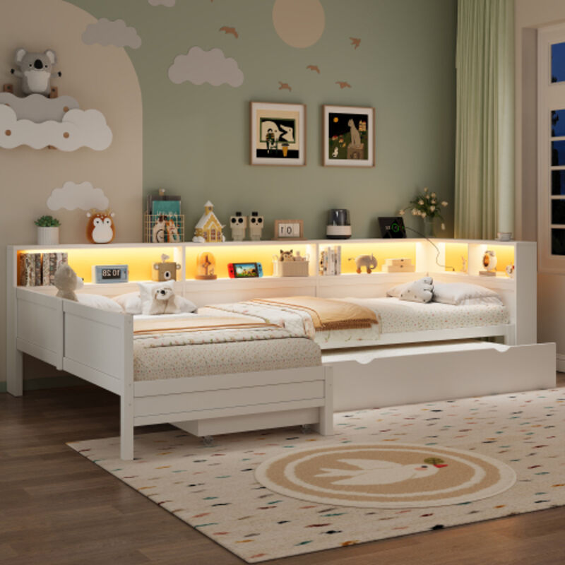 Lit simple 90x200 cm en forme de L - Avec lit gigogne et 1 tiroir - LED et port USB - MDF - Blanc (sans matelas)