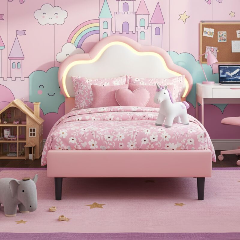 Lit simple 90x200 cm, lit 90x200 enfant, avec lumières LED en tête de lit, avec sommier à lattes et dossier en forme de nuage, lit capitonne 90x200