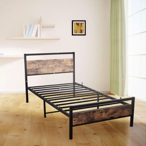 Lit simple 90x200 cm, lit adulte 90x200 cm, cadre de lit en métal noir et MDF avec sommier à lattes