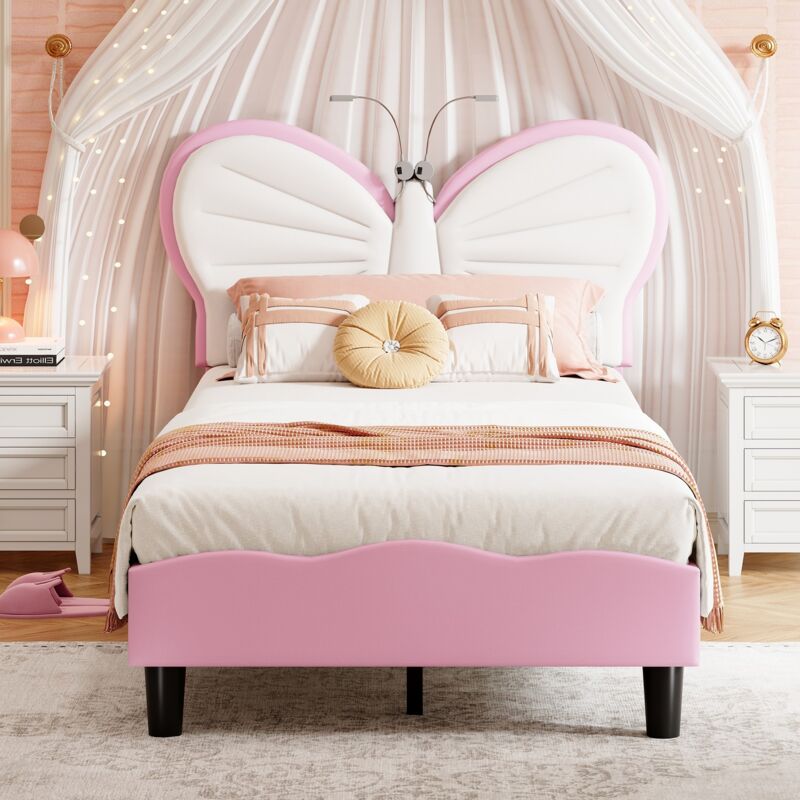 Lit simple 90x200 cm, lit enfant, avec tête de lit papillon, lumières LED changeantes de couleur, PU, sommier à lattes, lit princesse, lit