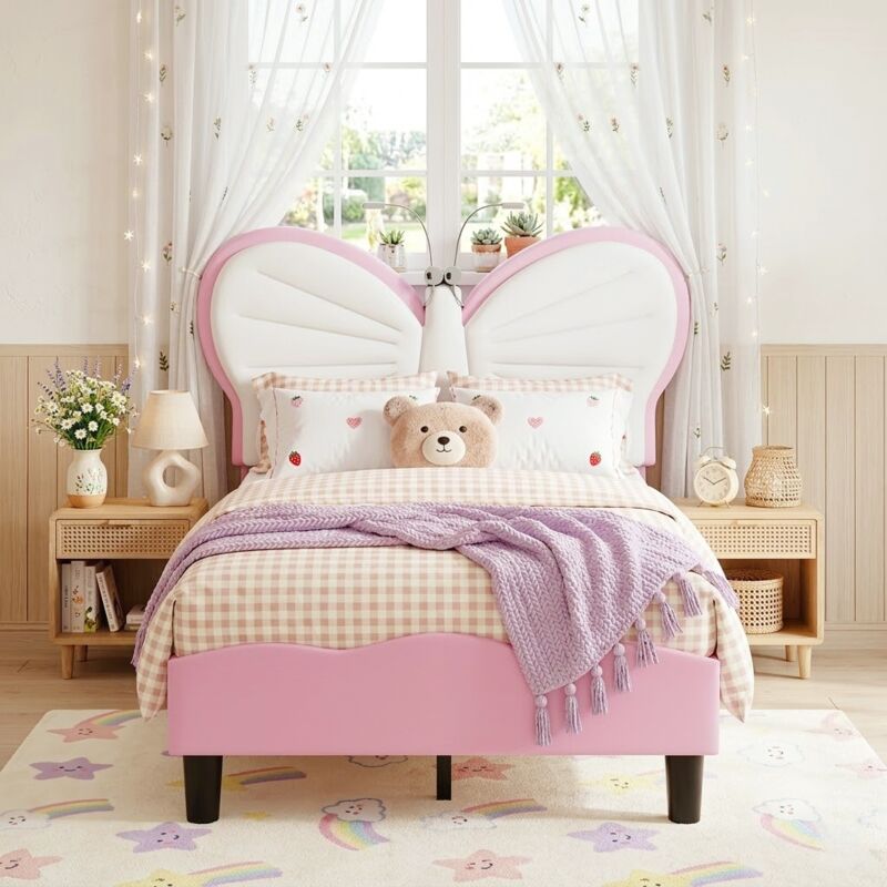 Lit simple 90x200 cm, lit enfant, avec tête de lit papillon, lumières LED changeantes de couleur, PU, sommier à lattes, lit princesse, lit rembourré